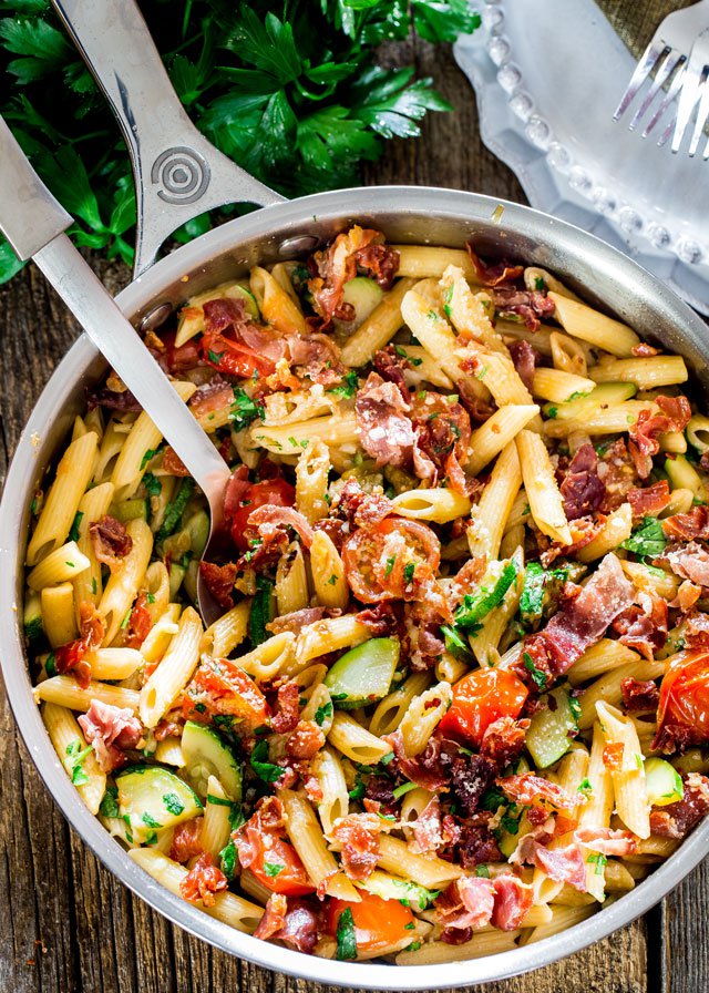 Penne with Prosciutto, tomatoes and zucchini| Recipe of the Week
